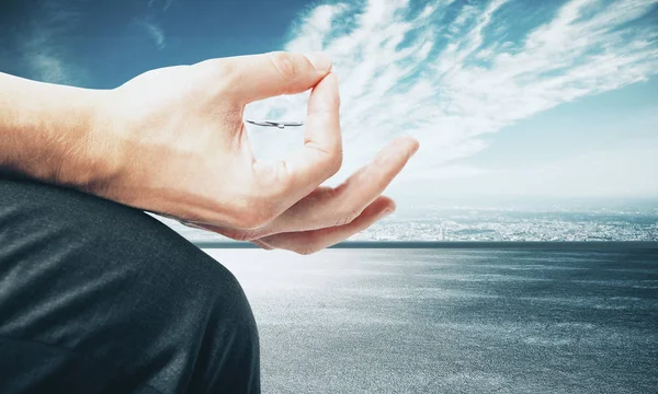 Gesture Hand Airplane Sky Background Travel Concept — Stock Photo, Image