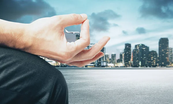 Gesture Hand Airplane City Background Travel Concept — Stock Photo, Image