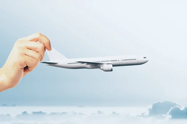 Mão Masculina Segurando Avião Fundo Céu Azul Conceito Viagem Renderização — Fotografia de Stock