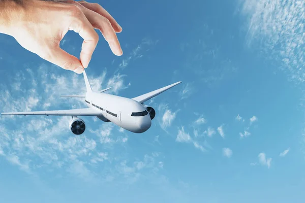 Male Hand Holding Air Plane Blue Sky Background Travel Concept — Stock Photo, Image