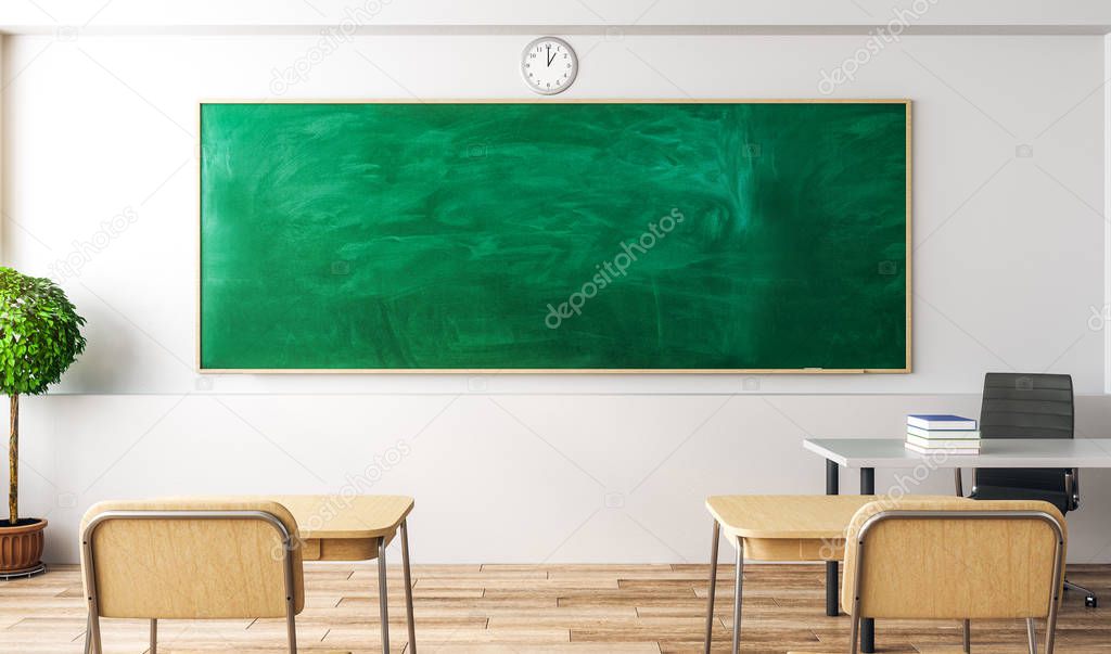 Luxury classroom interior with empty chalkboard, furniture and daylight. Education and school concept. Mock up, 3D Rendering 