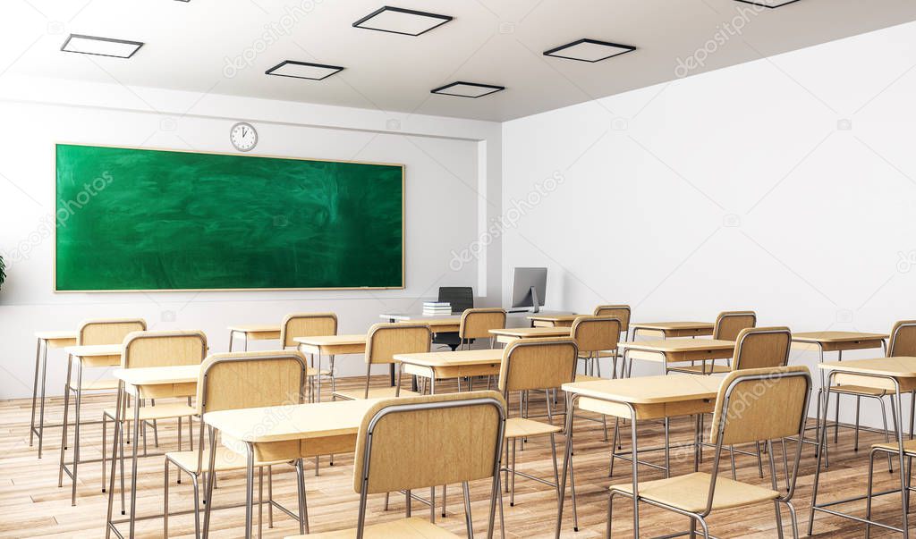 Modern classroom interior with empty chalkboard, furniture and daylight. Education and school concept. Side view, Mock up, 3D Rendering 