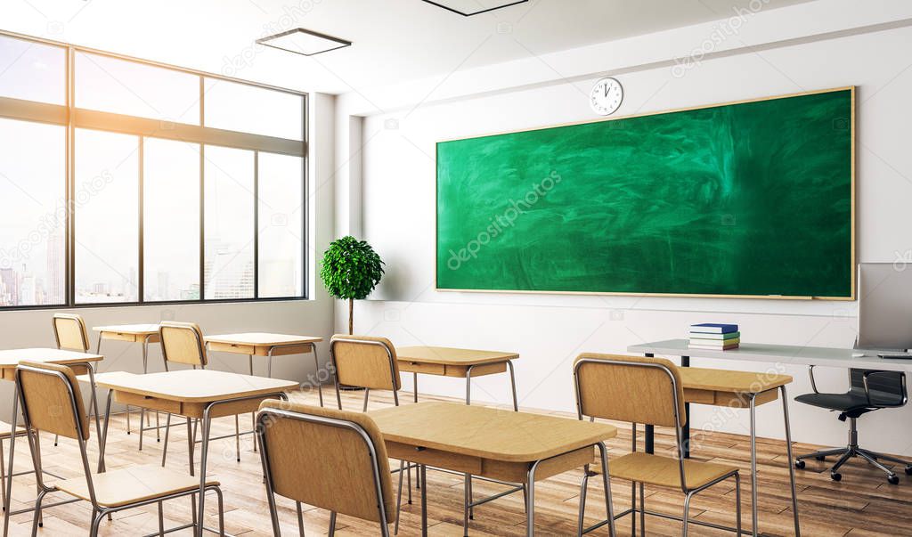 Modern classroom interior with empty chalkboard, furniture and daylight. Education and school concept. Mock up, 3D Rendering 