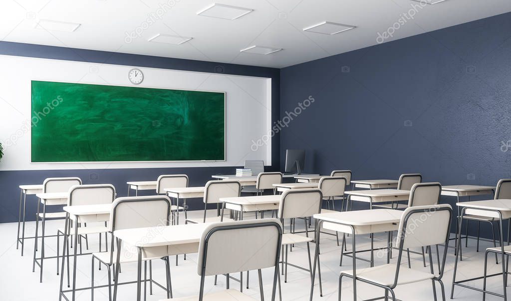 Classroom interior with empty chalkboard, furniture and daylight. Education and school concept. Mock up, 3D Rendering 