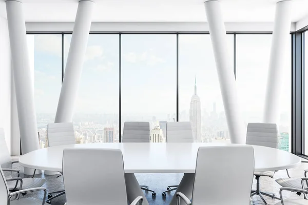 Light conference room interior with furniture and panoramic New York city view. 3D Rendering