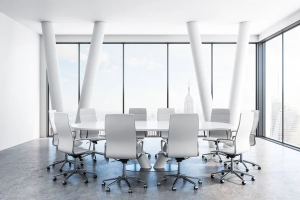 Modern conference room interior with furniture and panoramic New York city view. 3D Rendering