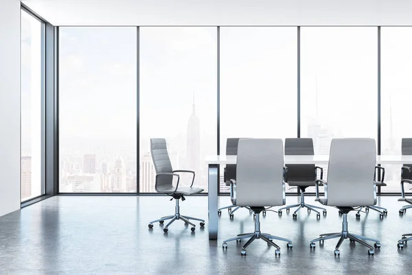 New conference room interior with furniture and panoramic New York city view. 3D Rendering