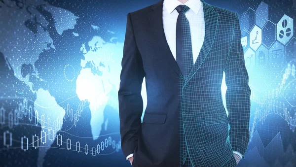 Grid Hombre Negocios Traje Con Interfaz Negocio Brillante Robótica Concepto — Foto de Stock