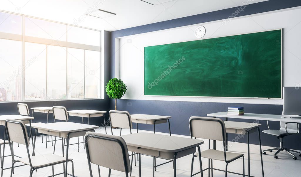 Contemporary classroom interior with empty chalkboard, furniture and daylight. Education and school concept. Mock up, 3D Rendering 