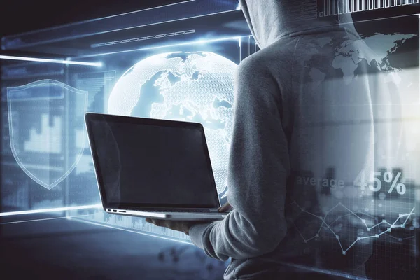 Hacker Mit Leerem Laptop Und Glühendem Business Hologramm Auf Verschwommenem — Stockfoto