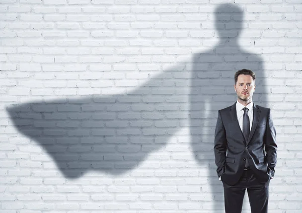 European Businessman Super Hero Cape Shadow Standing Brick Wall Background — Stock Photo, Image