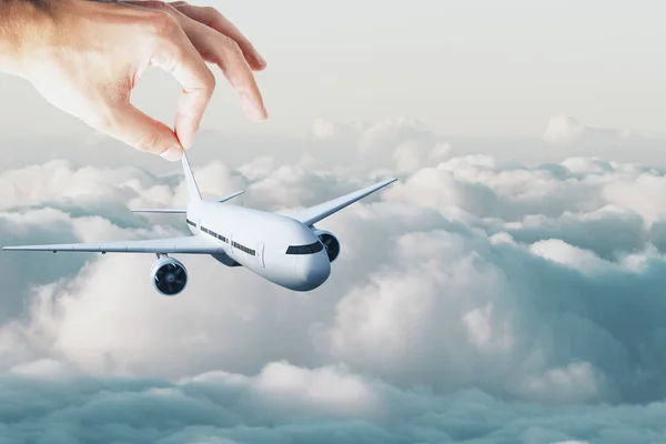 Mão Masculina Segurando Aeronaves Fundo Céu Azul Conceito Viagem Renderização — Fotografia de Stock