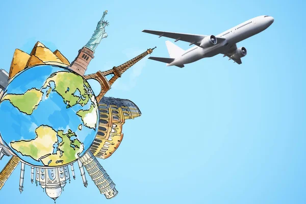 Kreatív Repülő Repülőgép Utazási Vázlat Transporation Világszerte Utazás Fogalom Leképezés — Stock Fotó
