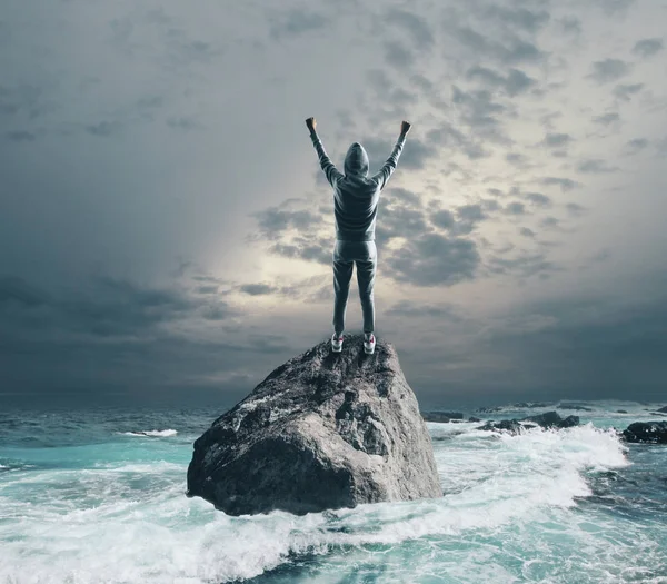 Rückansicht Von Hackern Die Erfolge Auf Felsen Feiern Meereshintergrund Führung — Stockfoto