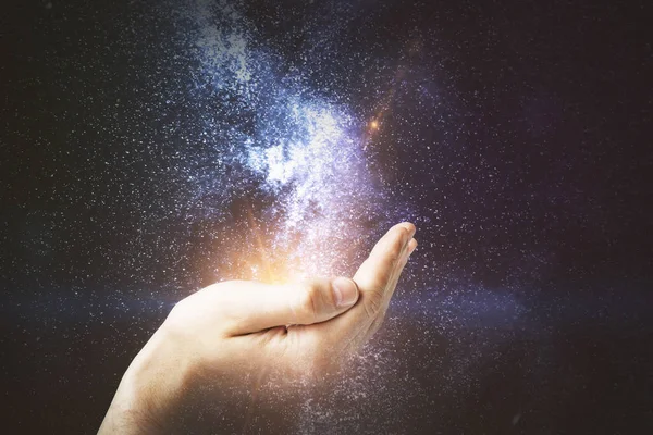Αρσενική Χέρι Που Κρατά Αφηρημένο Χώρο Γαλαξία Έννοια Της Φαντασίας — Φωτογραφία Αρχείου