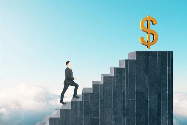 Вид Сбоку Молодого Бизнесмена Поднимающегося Лестнице Табличкой Доллара Фоне Неба — стоковое фото