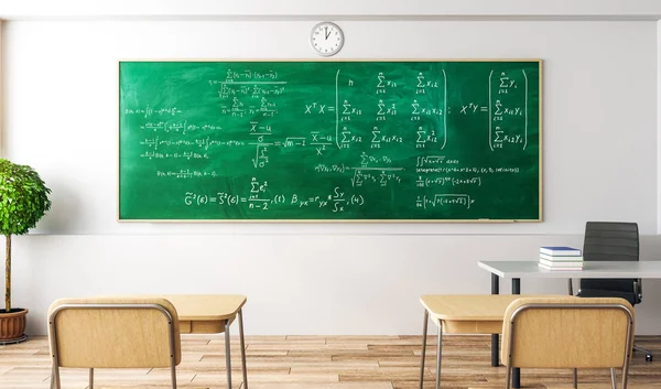 现代教室内部与数学公式在黑板上 科学和课程概念 — 图库照片