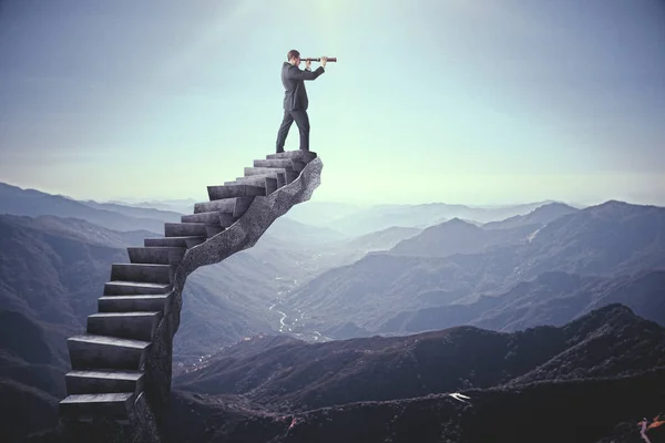 Businessman Looking Distance Abstract Stairs Landscape Background Research Vision Concept — Stock Photo, Image