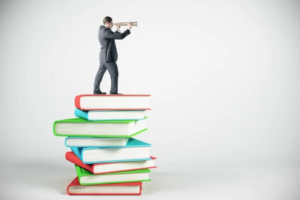 Businessman Looking Distance While Standing Book Stack Education Research Career — Stock Photo, Image