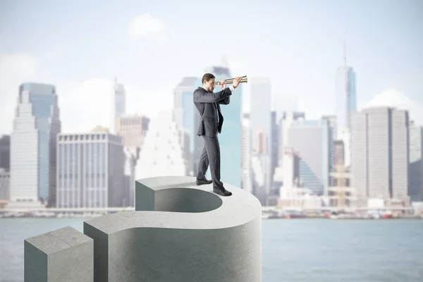 Businessman Using Binoculars Looking Distance While Standing Question Mark City — Stock Photo, Image