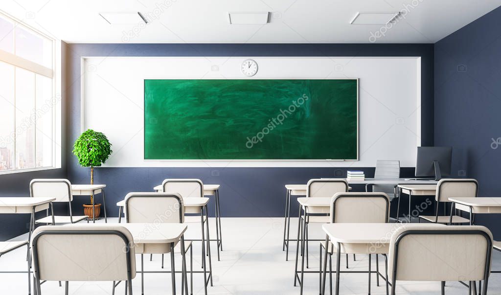 New classroom interior with empty chalkboard, furniture and daylight. Education and school concept. Mock up, 3D Rendering 