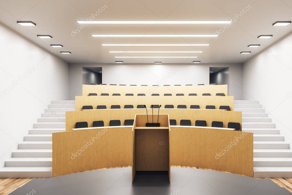 Modern wooden concrete auditorium interior with stage. University and conference concept. 3D Rendering 