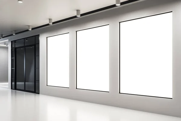 Blank banner in modern concrete interior. Gallery and museum concept. Mock up, 3D Rendering
