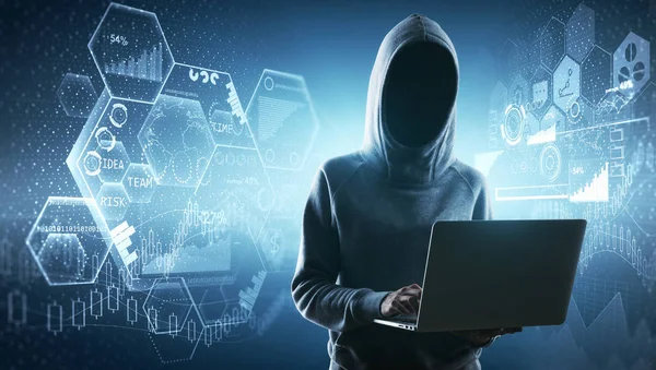 Hacker Using Laptop Glowing Digital Interface Security Malware Concept Rendering — Stock Photo, Image