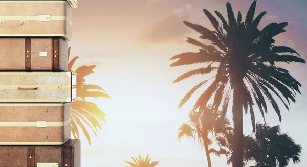 Koffers Gestapeld Creatieve Vakantie Achtergrond Met Verlichte Palmbomen Reizen Strand — Stockfoto