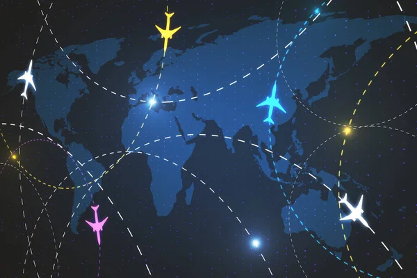 Interface Avião Criativo Fundo Escuro Conceito Mundial Viagens Tecnologia Renderização — Fotografia de Stock