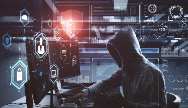 Side View Young Hacker Digital Business Interface Blurry Interior Hacking — Stock Photo, Image