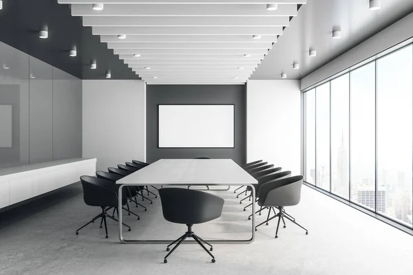 Interior Sala Reuniones Hormigón Moderno Con Pancarta Vacía Maquillaje Renderizado — Foto de Stock