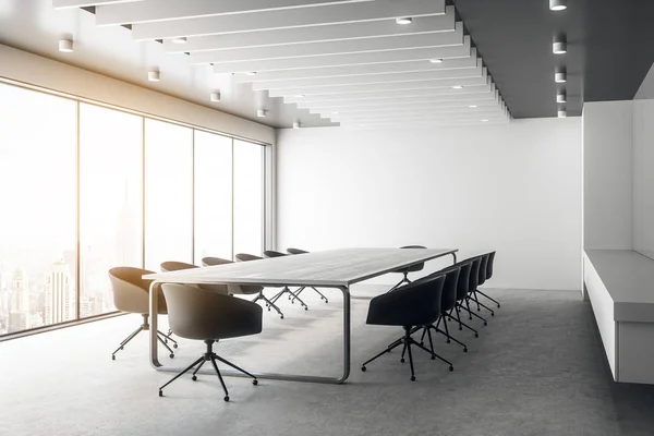 Modern board room interior with city reflections and copy space. 3D Rendering