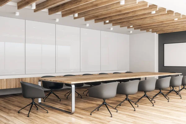 Contemporary Wooden Meeting Room Interior Empty Billboard Mock Rendering — Stock Photo, Image