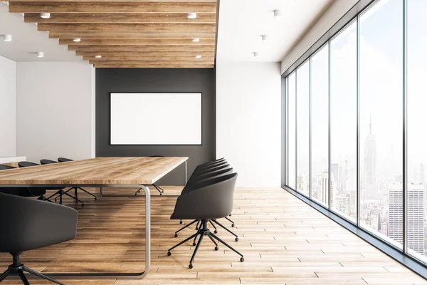 Contemporary Wooden Meeting Room Interior Empty Poster Mock Rendering — Stock Photo, Image