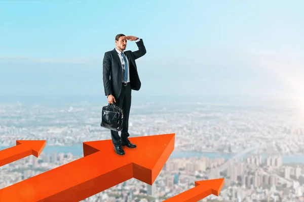 Handsome European Businessman Briefcase Looking Distance While Standing Red Arrows — Stock Photo, Image