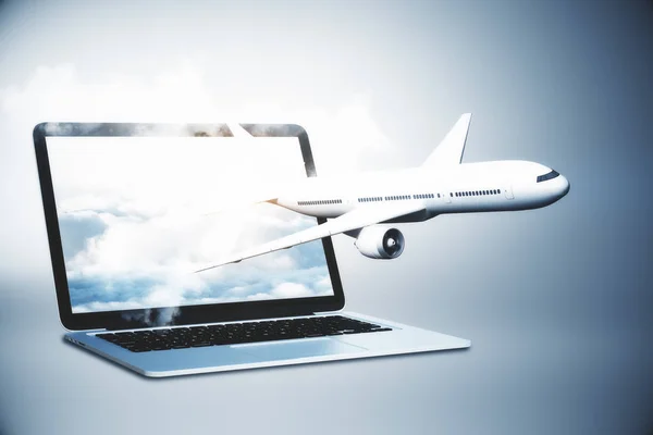 Flugzeug Fliegt Aus Laptop Bildschirm Mit Himmel Online Buchung Und — Stockfoto