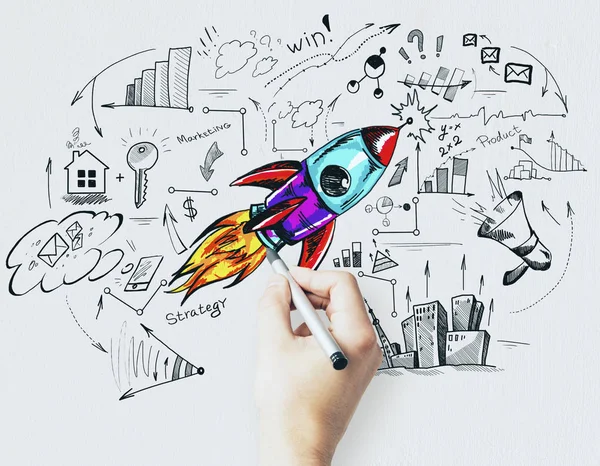 Hand Drawing Creative Rocket Business Sketch Concrete Wall Startup Plan — Stock Photo, Image