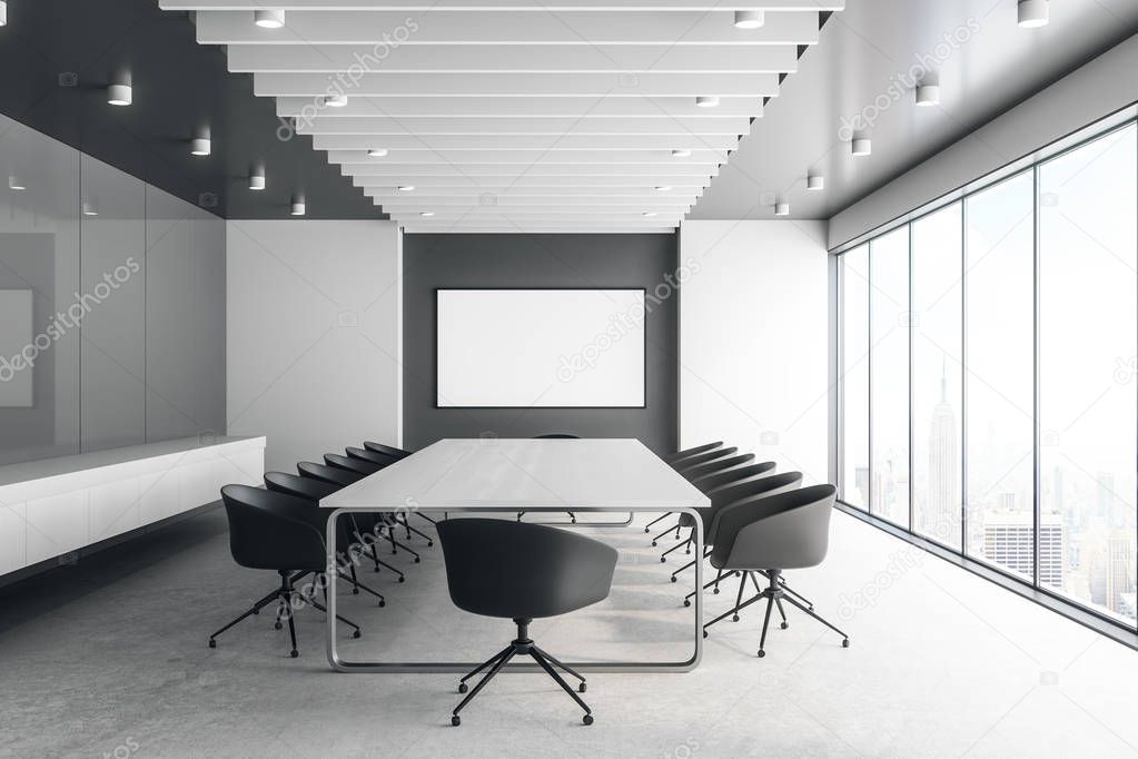 Modern concrete meeting room interior with empty banner. Mock up, 3D Rendering 