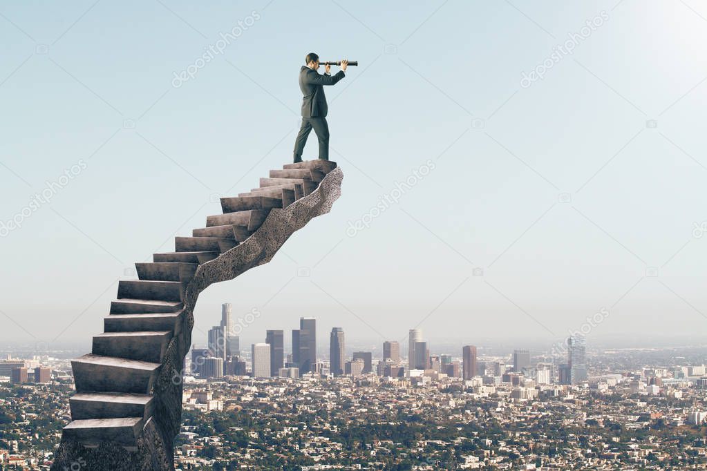 Businessman looking into the distance on abstract stairs. City background. Vision and employment concept 