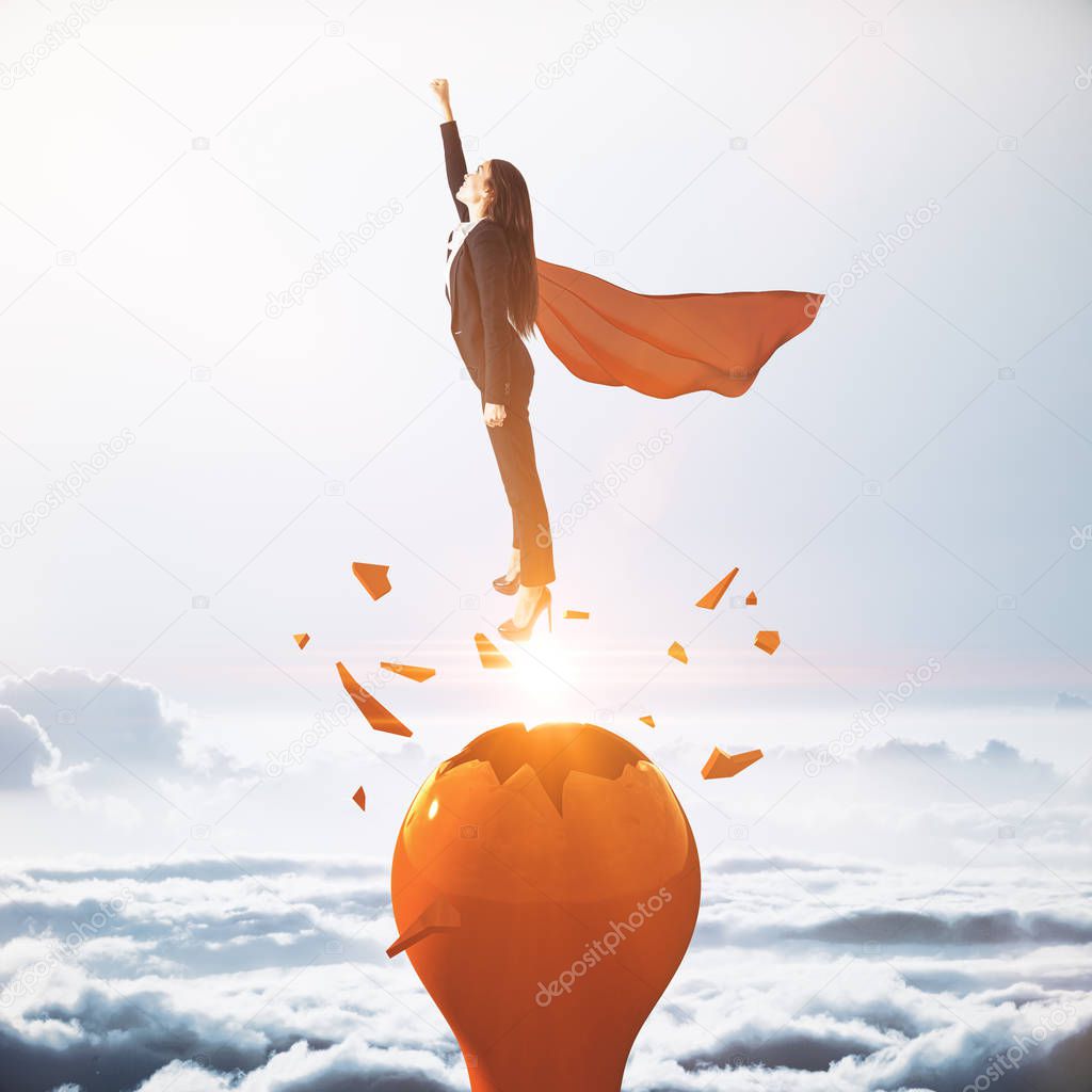 Businesswoman with red hero cape launching from abstract broken lamp. Sky background. Startup and power concept