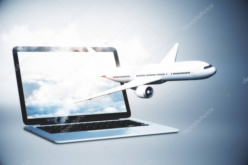 Airplane flying out of laptop screen with sky. Online booking and travel concept. 3D Rendering