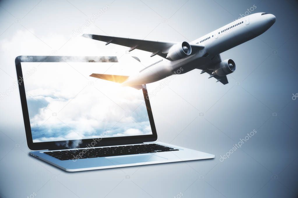 Airplane flying out of laptop screen with sky. Online booking and trip concept. 3D Rendering