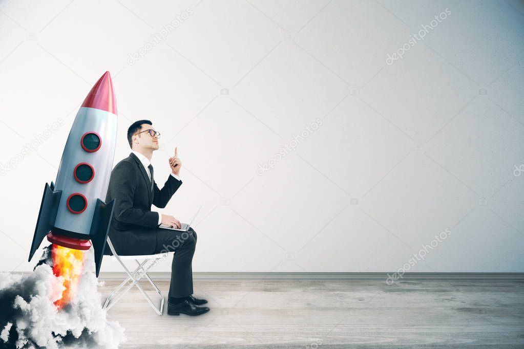 Businessman with creative launching rocket. Start up and growth concept. 3D Rendering 