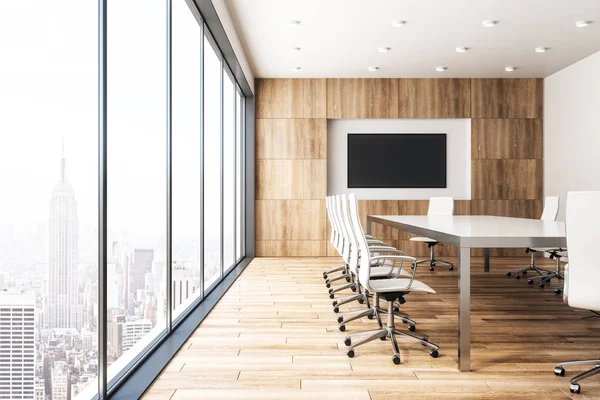 Modern Wooden Meeting Room Interior Empty Billboard Panoramic City View — Stock Photo, Image