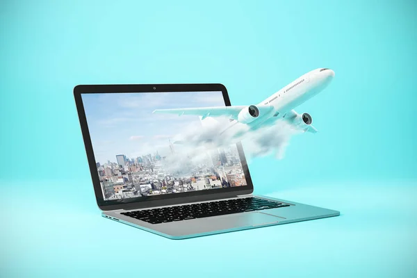 Flugzeug Fliegt Aus Dem Laptop Bildschirm Auf Blauem Hintergrund Online — Stockfoto