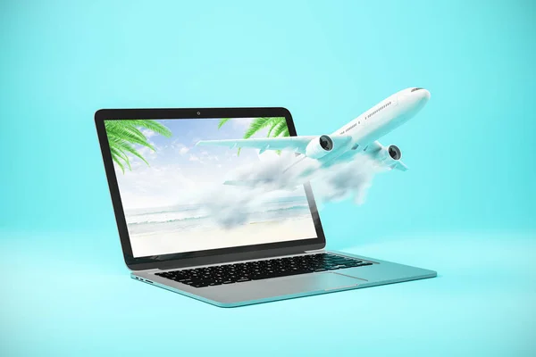 Flugzeug Fliegt Aus Dem Laptop Bildschirm Auf Blauem Hintergrund Online — Stockfoto