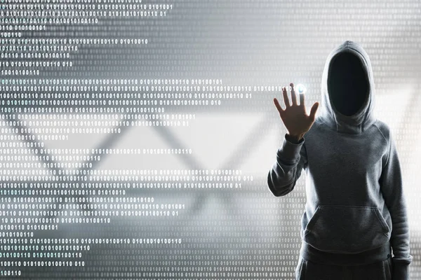 Hacker Con Interfaz Negocio Digital Sobre Fondo Interior Borroso Concepto — Foto de Stock