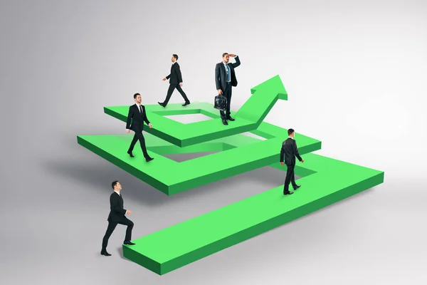 Businesspeople on abstract maze arrow. Teamwork and growth concept. 3D Rendering