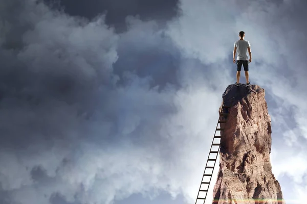 Man Cliff Ladder Sky Background Research Challenge Concept — Stock Photo, Image